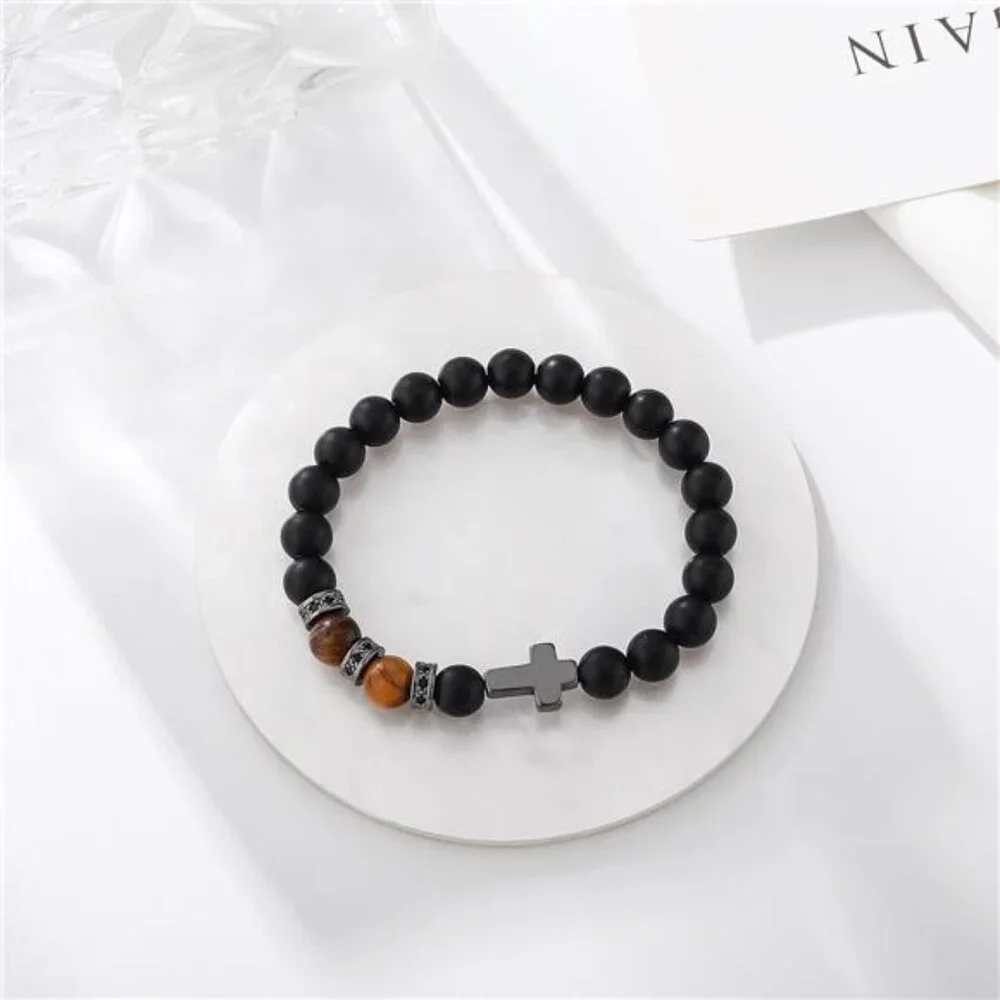 Mens Cross Bracelet Black Tiger Eye Beads Adjustable Christian Religious Gift